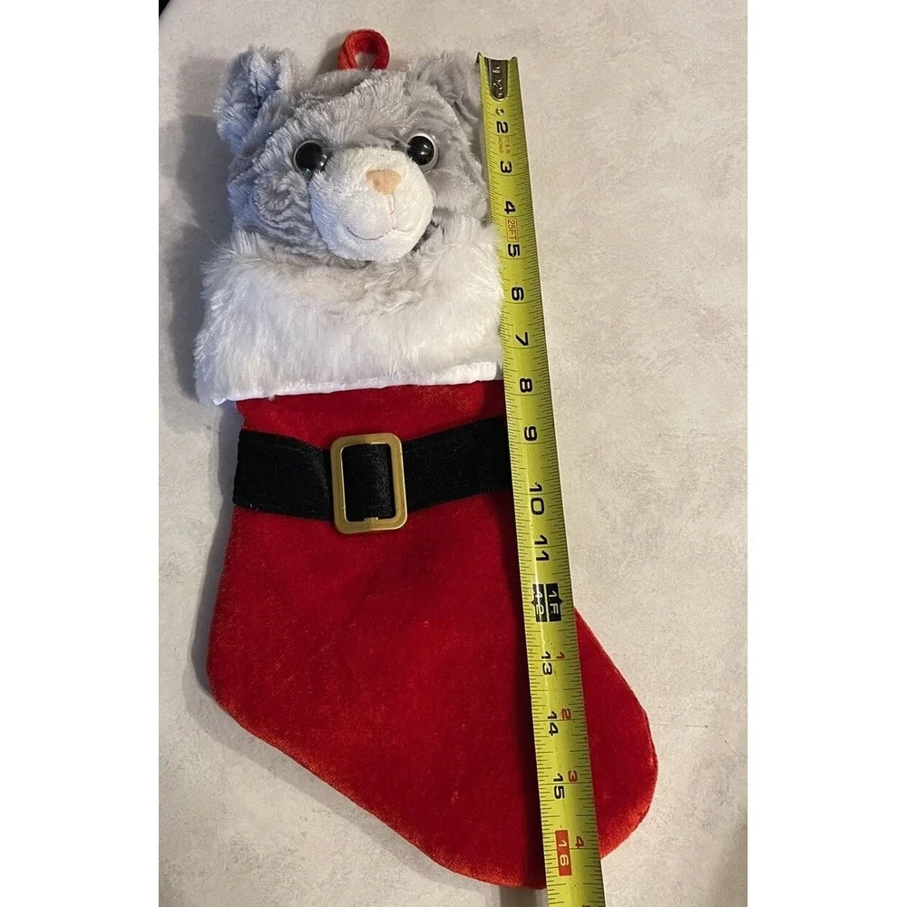 Vintage Plush Cat Christmas Stocking Black Santa Belt